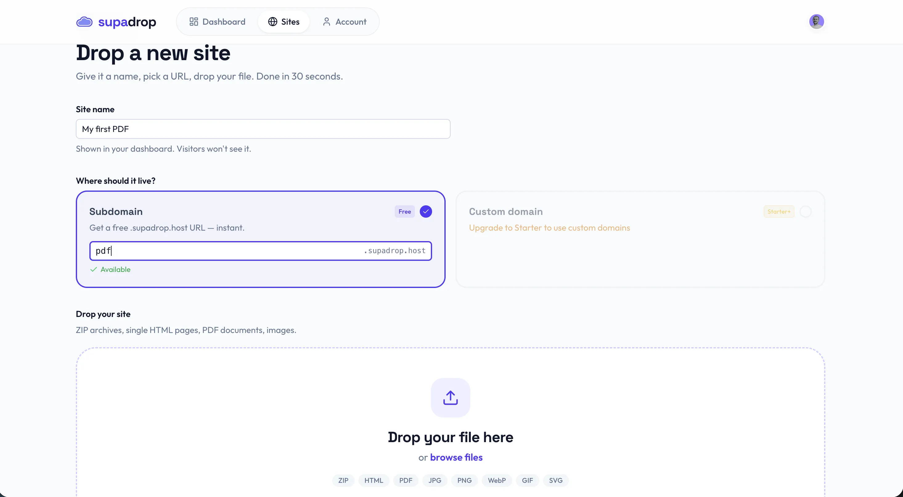 create a supadrop site