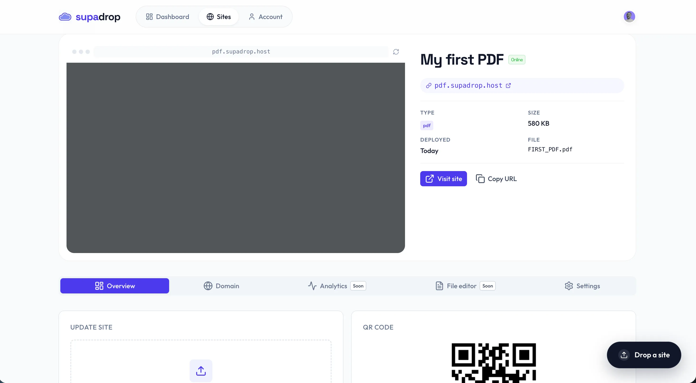 Deployed Supadrop site showing the live PDF preview, public URL, visit site and copy URL buttons, plus a QR code