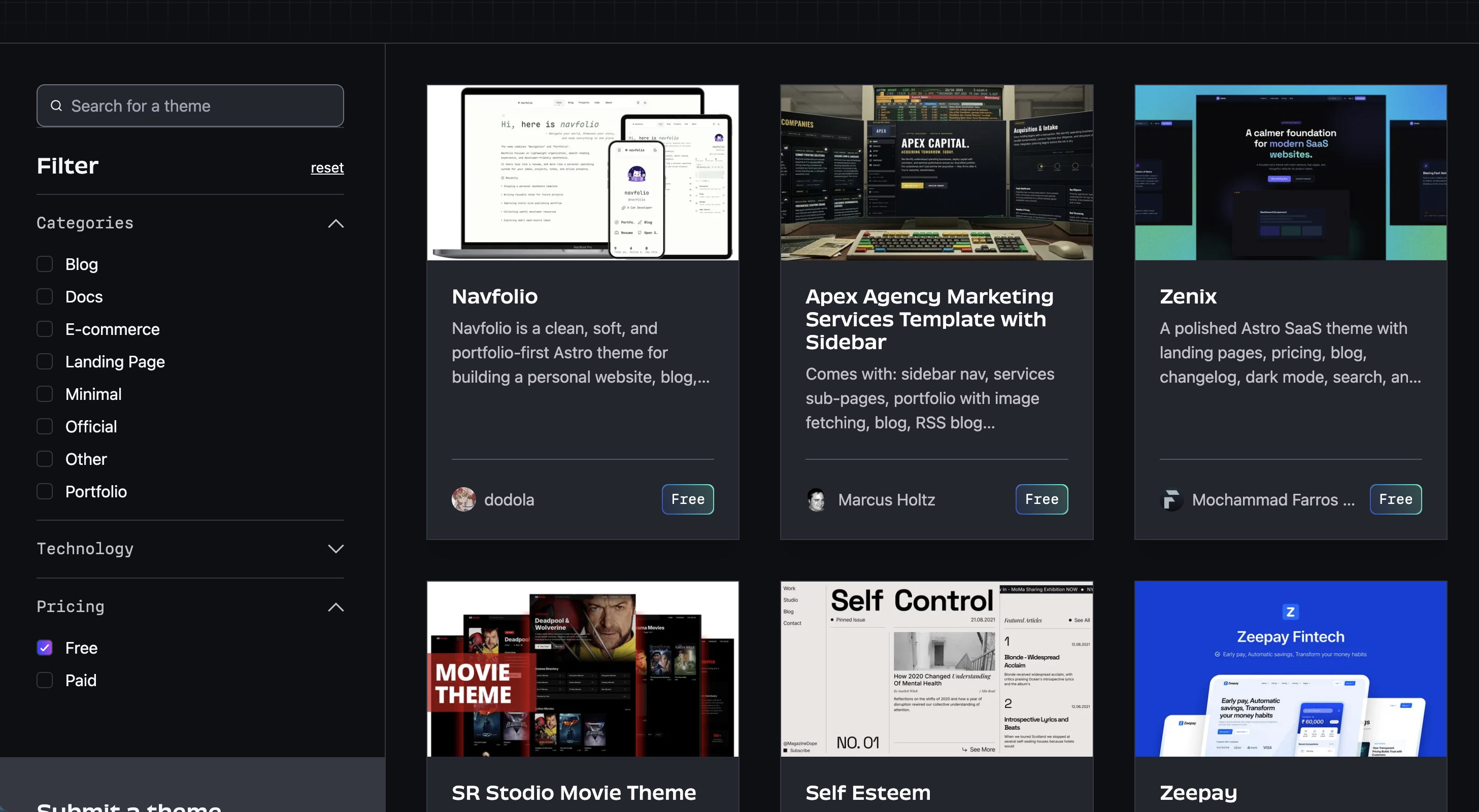 Astro themes directory filtered by free templates, showing categories like Landing Page and Portfolio with template cards and preview thumbnails