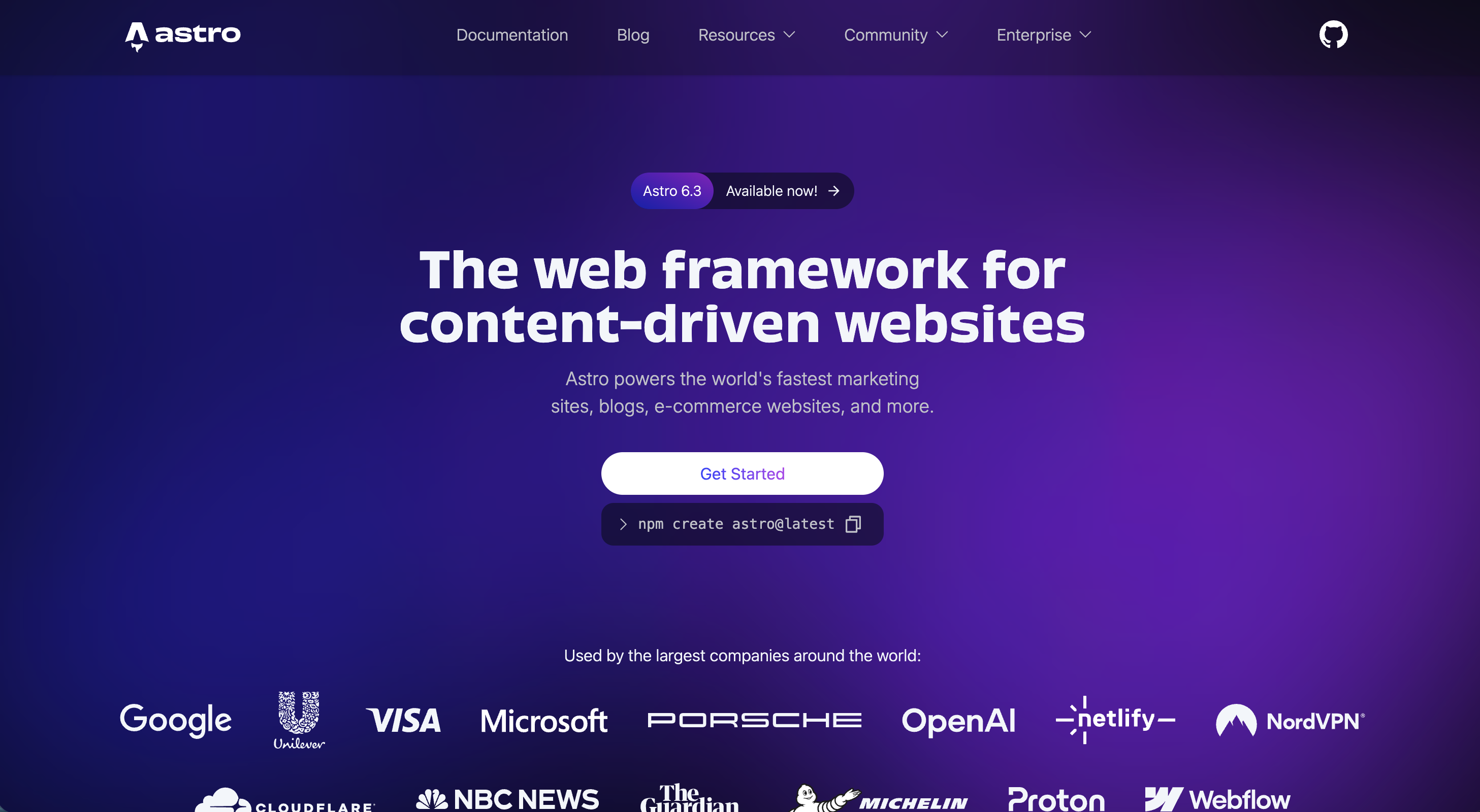 Astro homepage presenting the web framework for content-driven websites, with logos of companies like Google, Microsoft, and Porsche