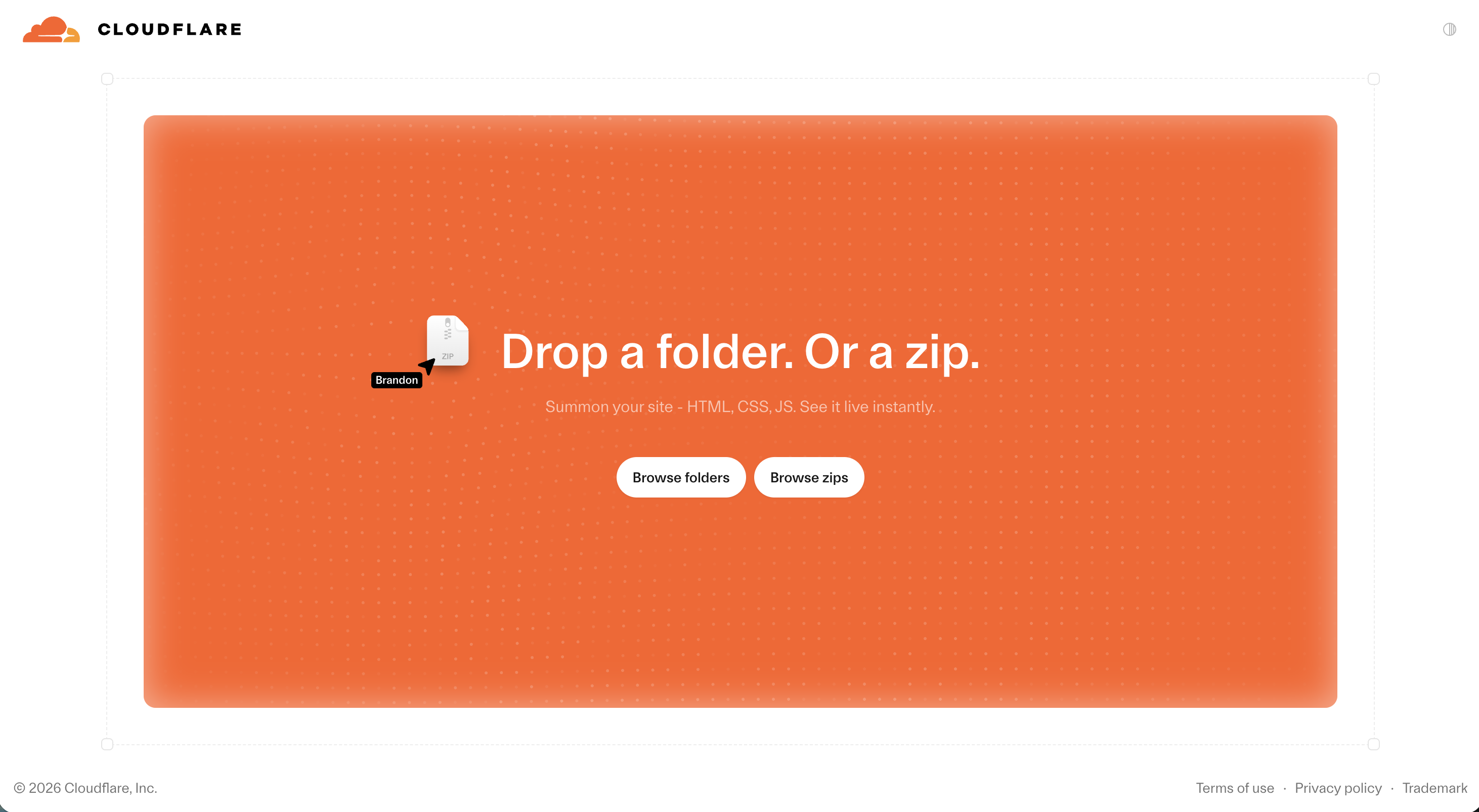 Cloudflare Drop upload page with the headline "Drop a folder. Or a zip." and buttons to browse folders or browse zips