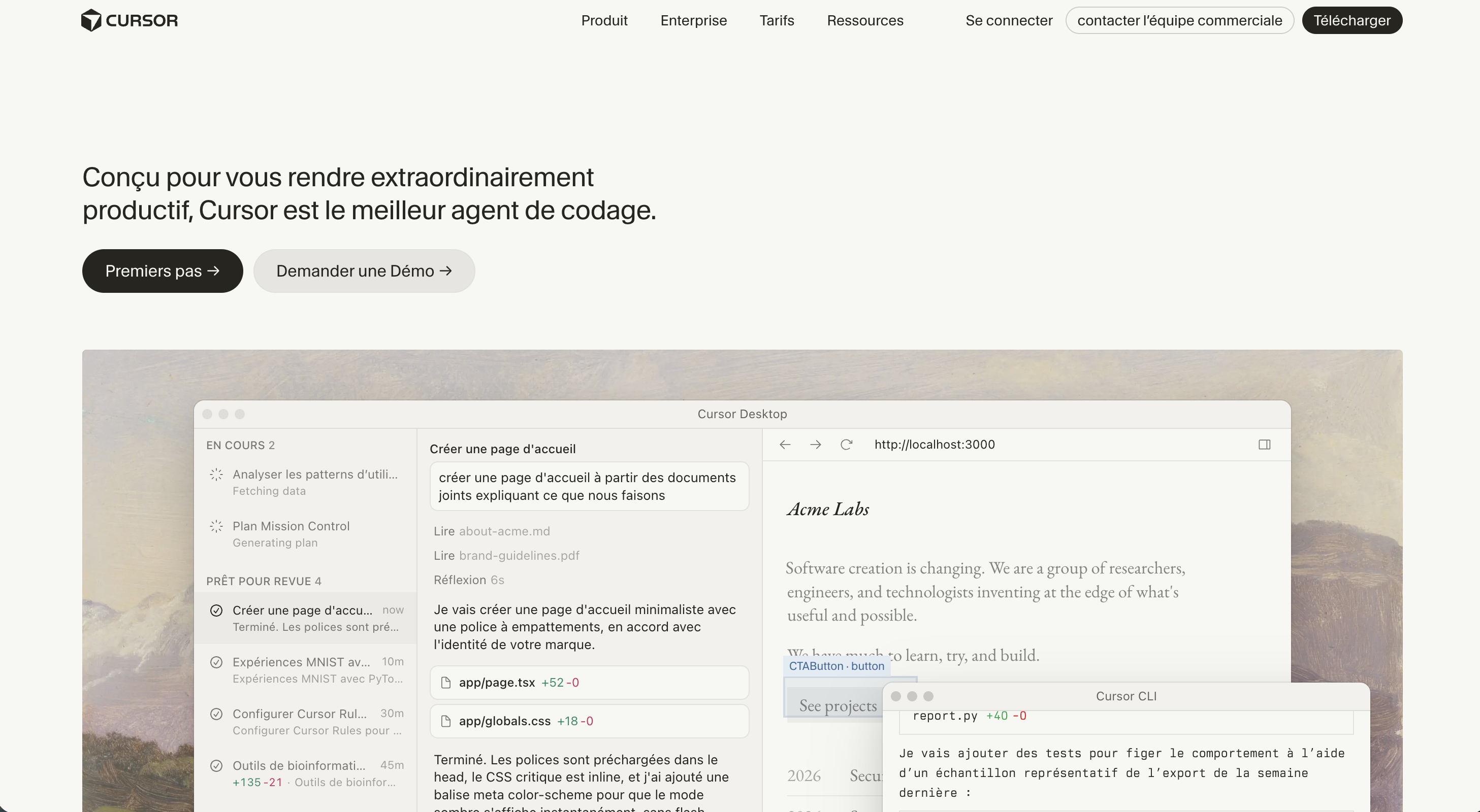 Cursor homepage showing the AI-powered code editor with chat panel, inline code generation, and live browser preview