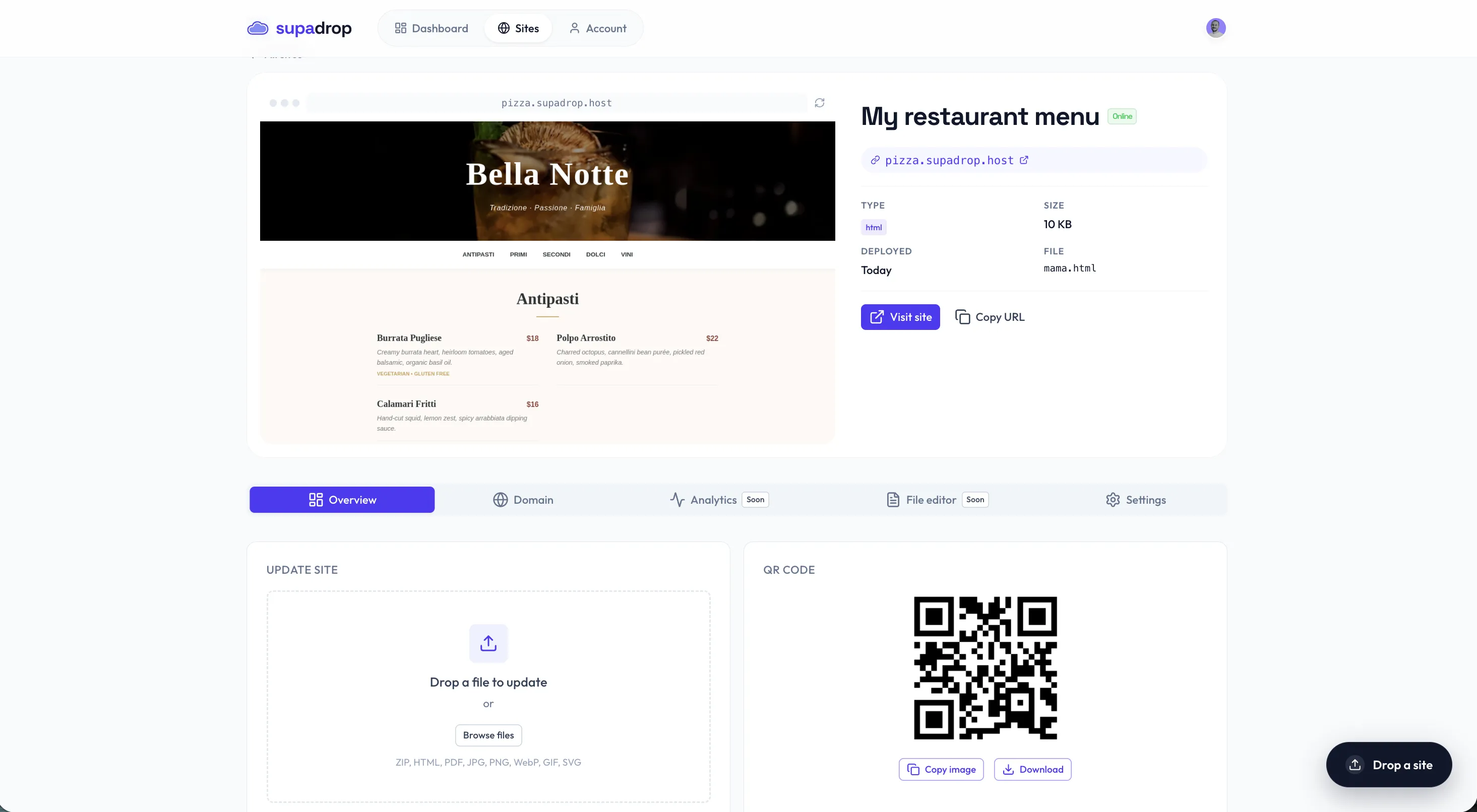 Deployed restaurant menu on Supadrop dashboard with live preview, public URL, and downloadable QR code