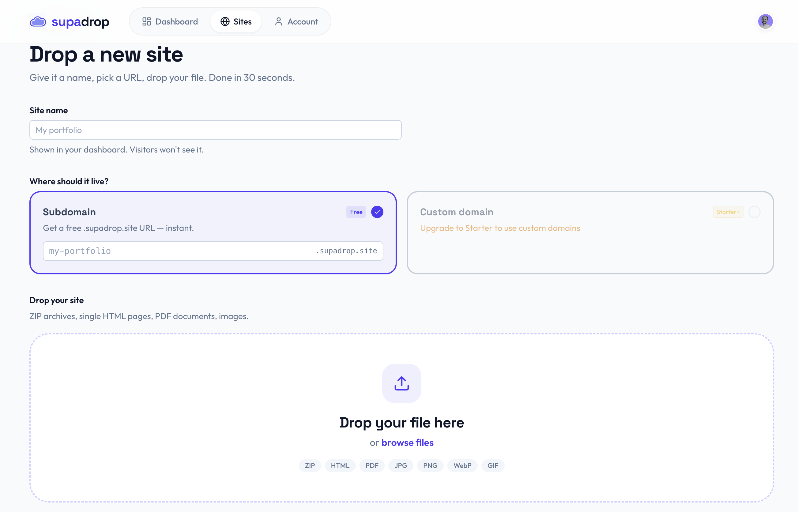 Supadrop upload page where you name a site, pick a free supadrop.site subdomain, and drop a ZIP, HTML, or PDF