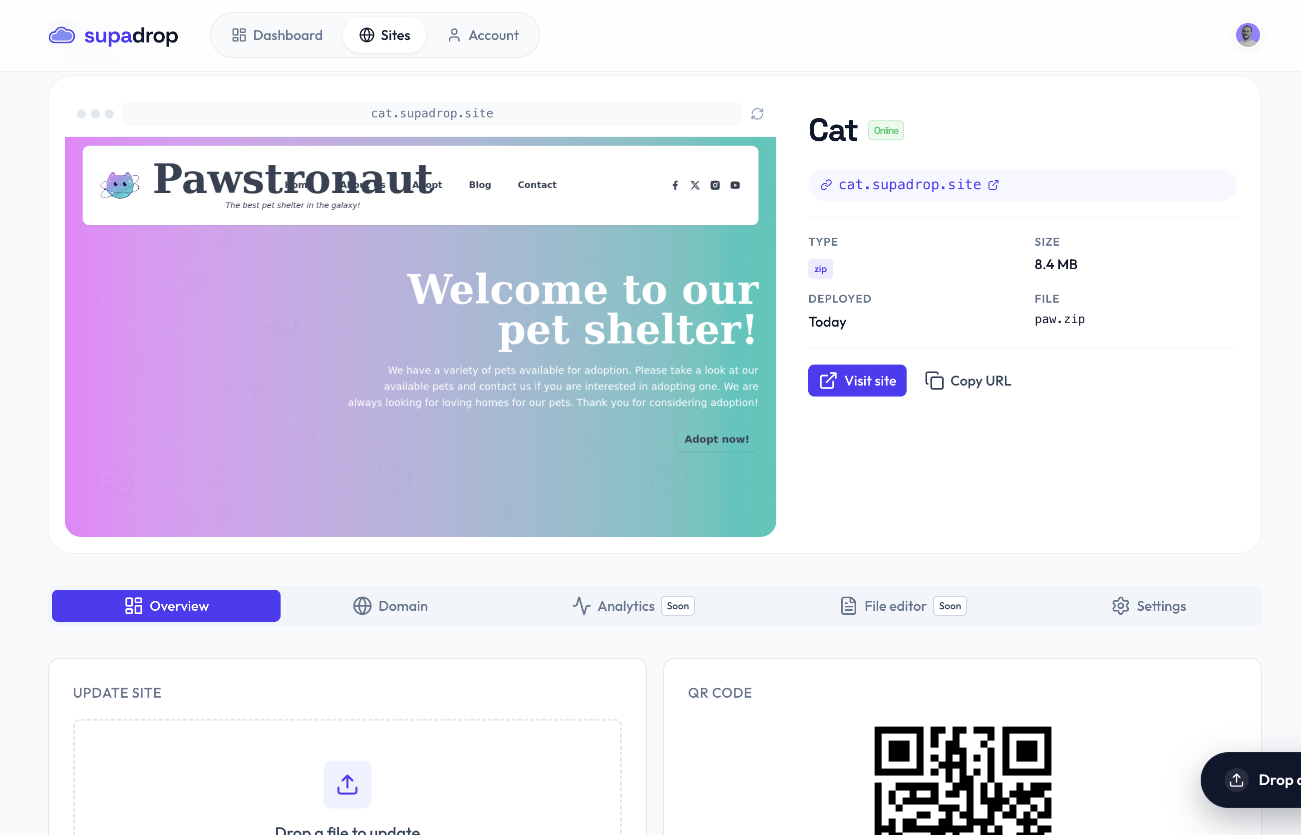 Site dashboard showing a live site at cat.supadrop.site with visit, copy URL, and QR code actions