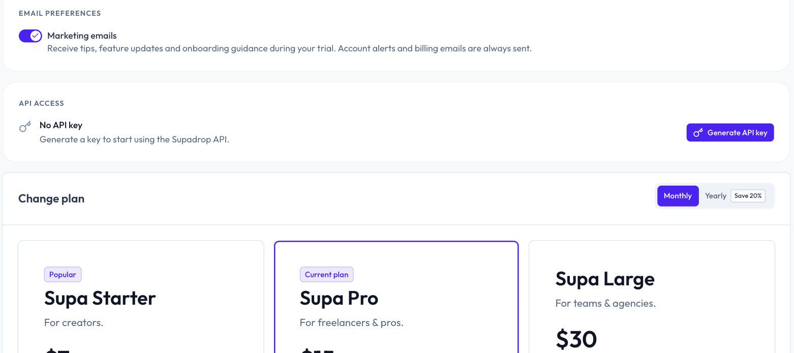 API access panel in account settings with a Generate API key button