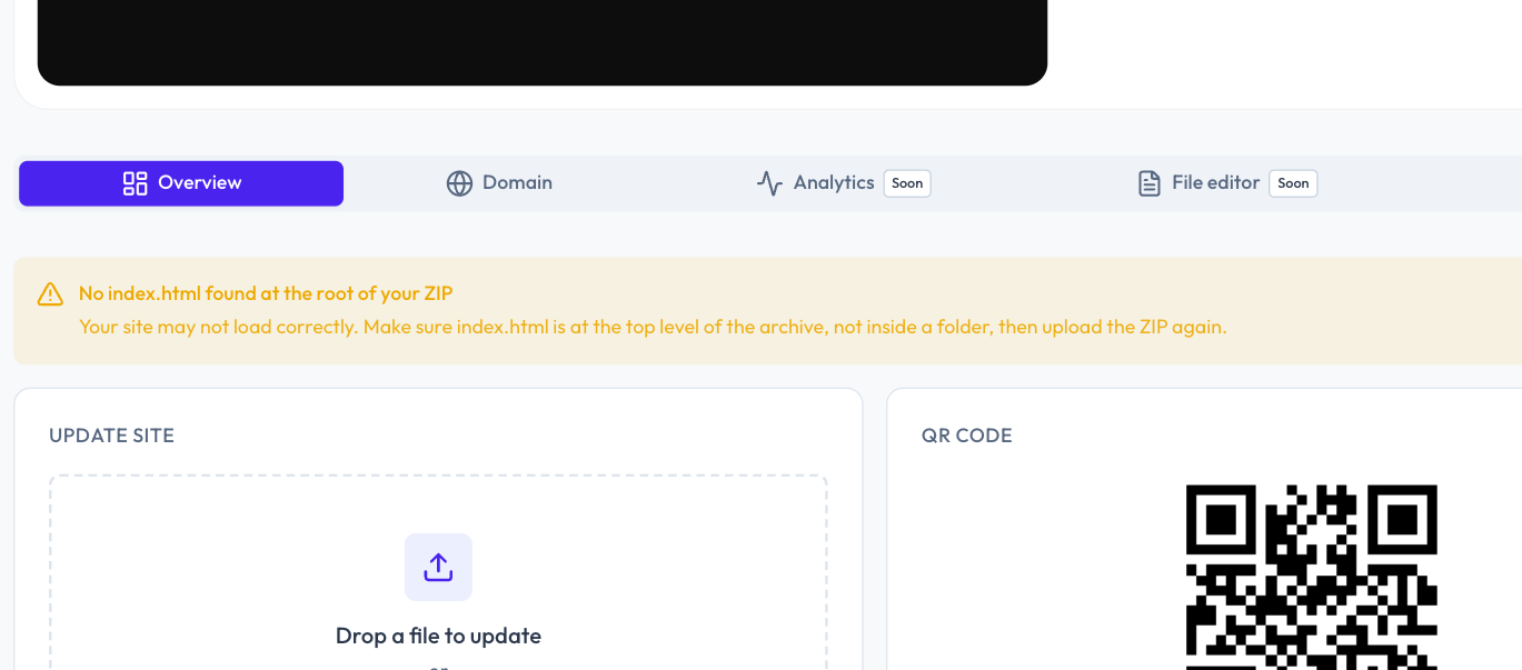 Warning banner on the site page saying no index.html was found at the root of the ZIP, with instructions to fix the archive
