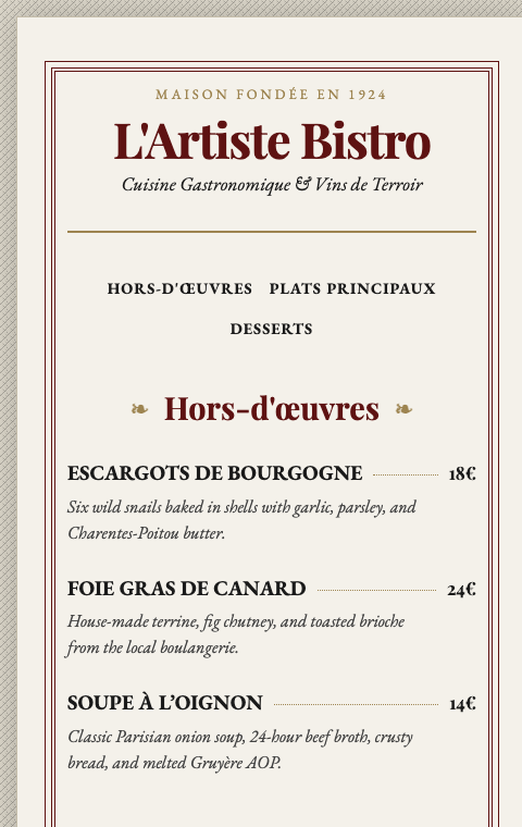 Preview of the French Bistro restaurant menu template